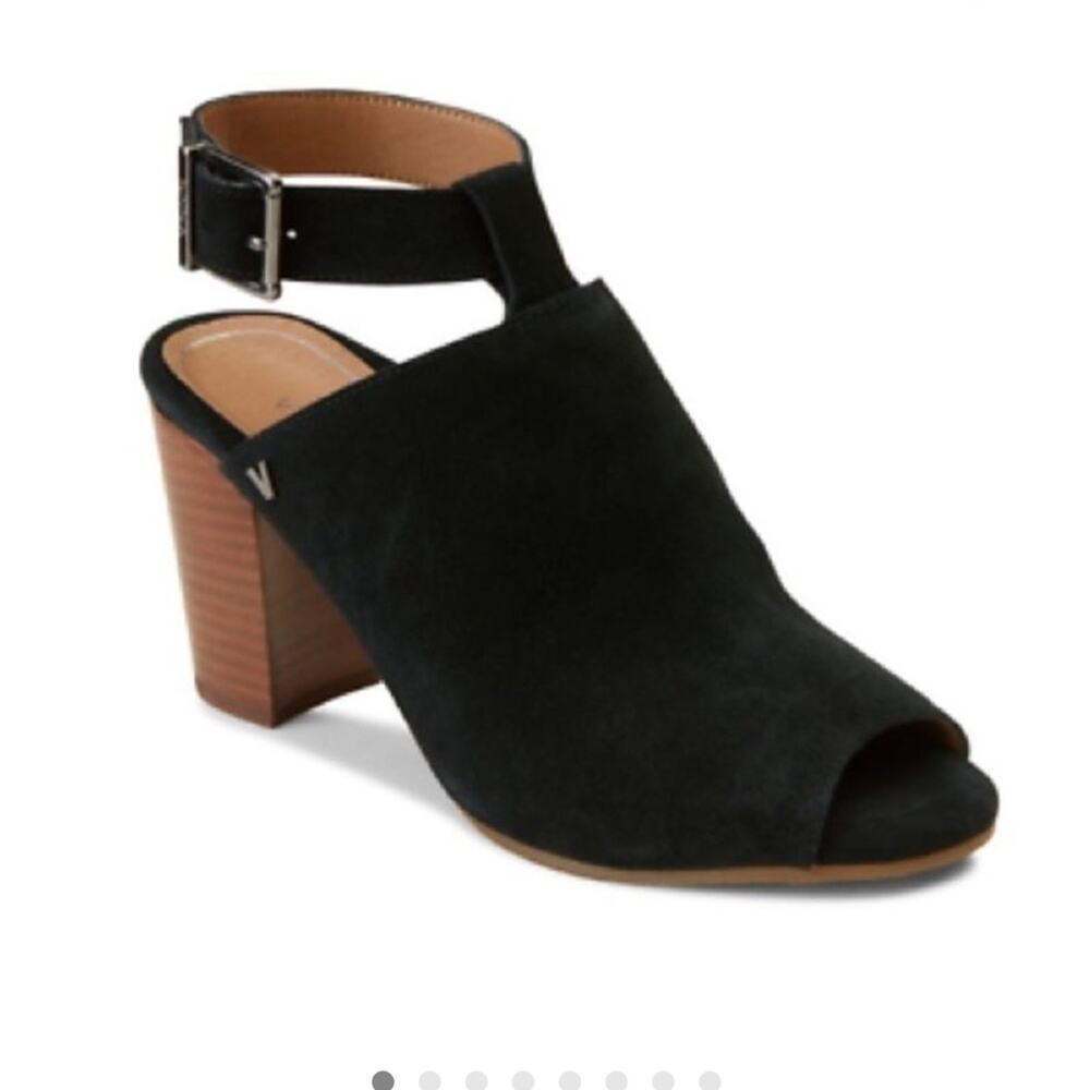 Vionic Black Suede peep-toe Mules with Wooden Heel size 7.5